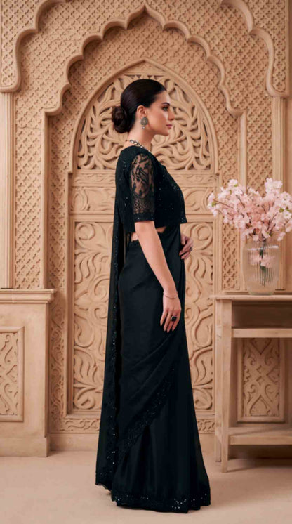 Black Satin Georgette Saree with Sequins Jacket Style Blouse Piece [ Export Quality ]