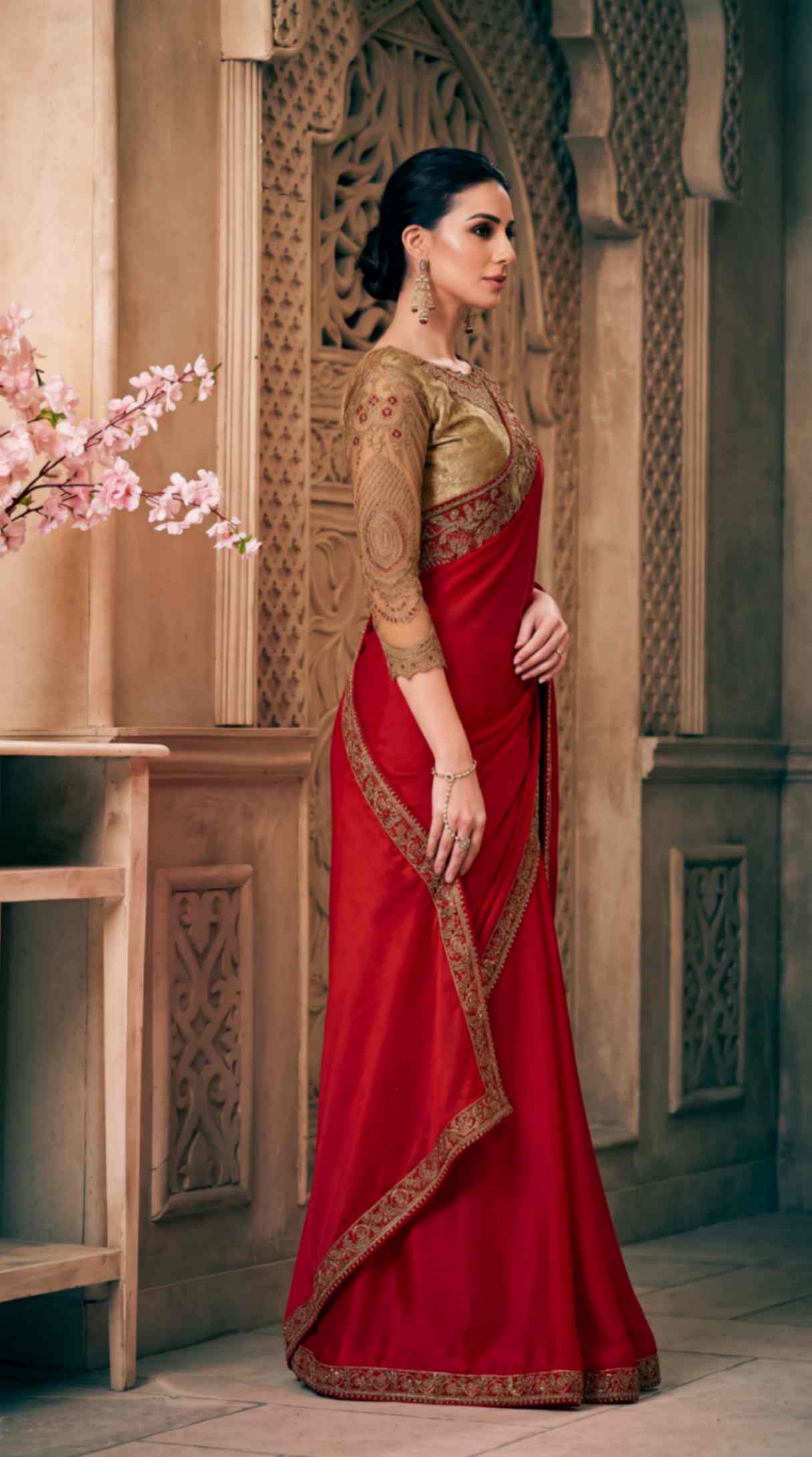 Ruby Red Satin Saree with Brocade Designer Blouse Piece [ Export Quality ]