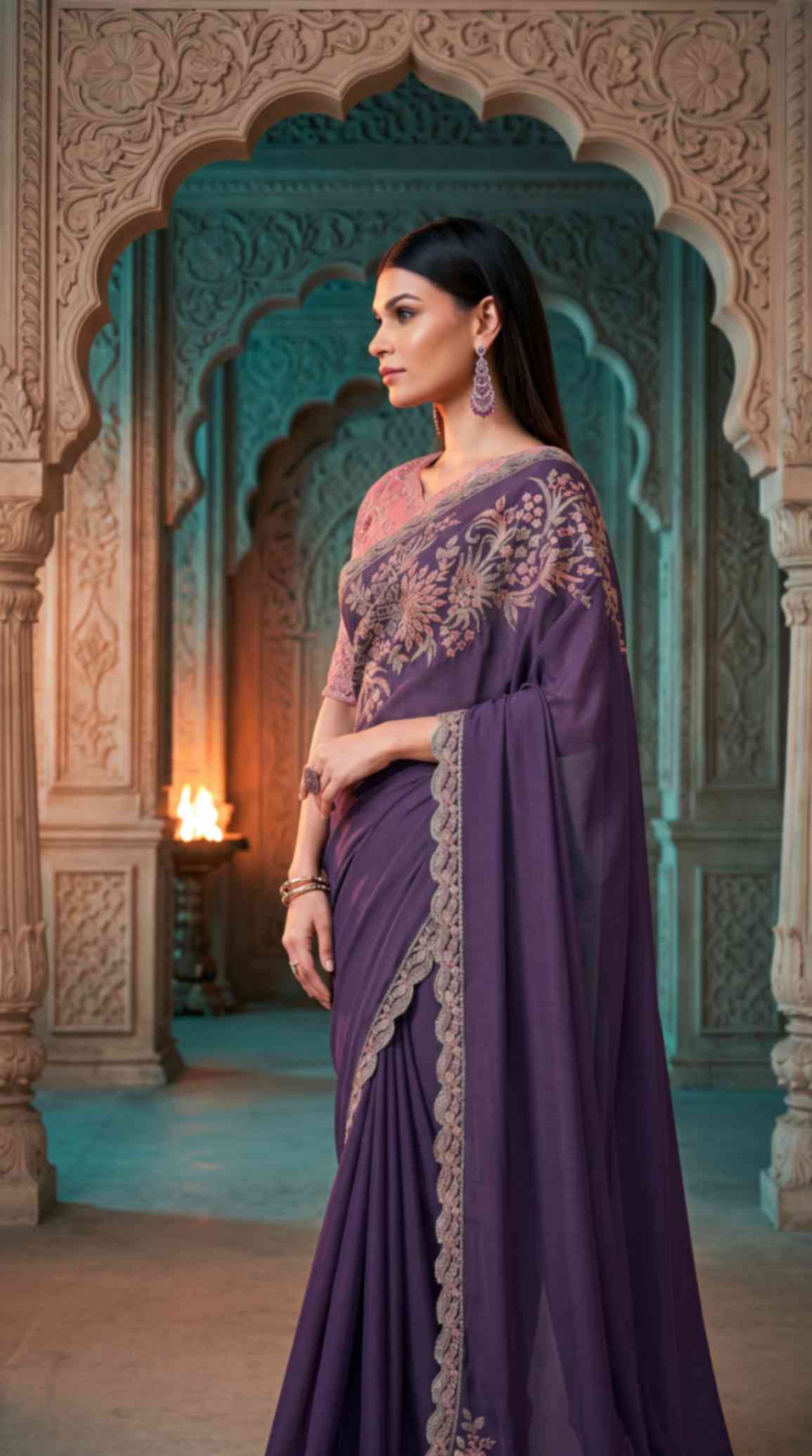 Royal Purple Soft Sparkle Georgette Saree with Embroidered Designer Blouse Piece [ Export Quality ]