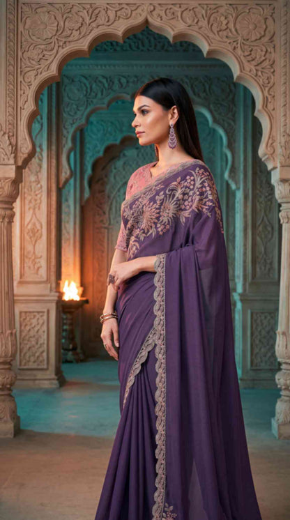 Royal Purple Soft Sparkle Georgette Saree with Embroidered Designer Blouse Piece [ Export Quality ]