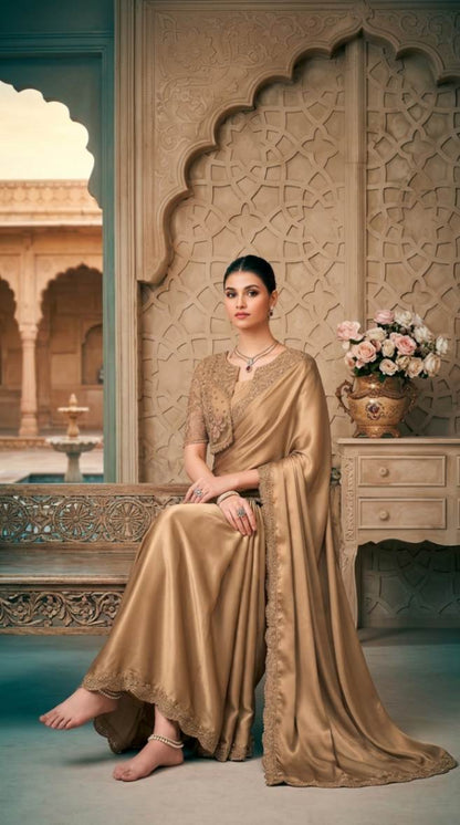 Golden Shimmer Satin Saree with Embroidered Designer Blouse Piece [ Export Quality ]