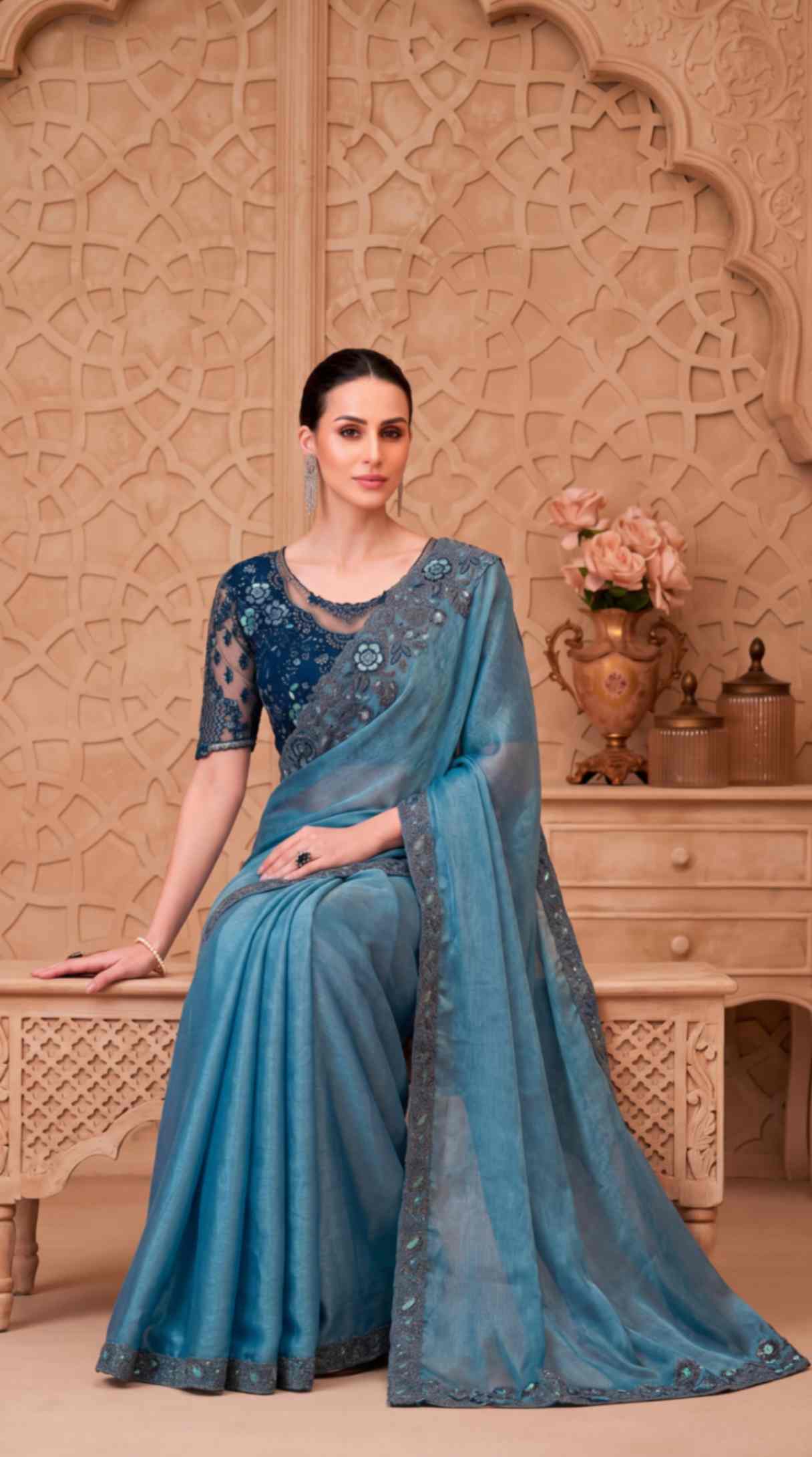 Dusty Blue Satin Crush Georgette Saree with Embroidered Designer Blouse Piece [ Export Quality ]