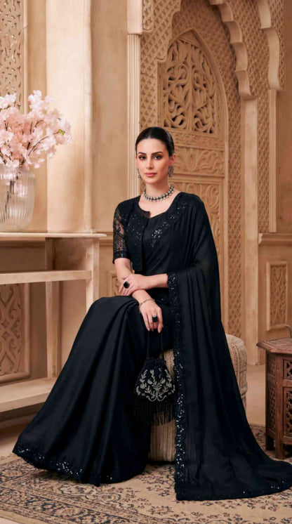 Black Satin Georgette Saree with Sequins Jacket Style Blouse Piece [ Export Quality ]