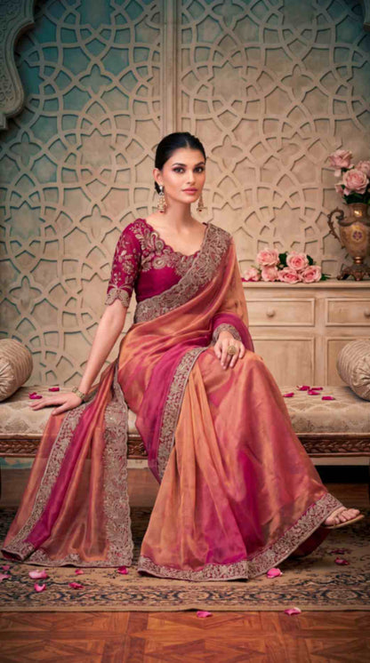 Rose Gold Shimmer Georgette Saree with Embroidered Designer Blouse Piece [ Export Quality ]
