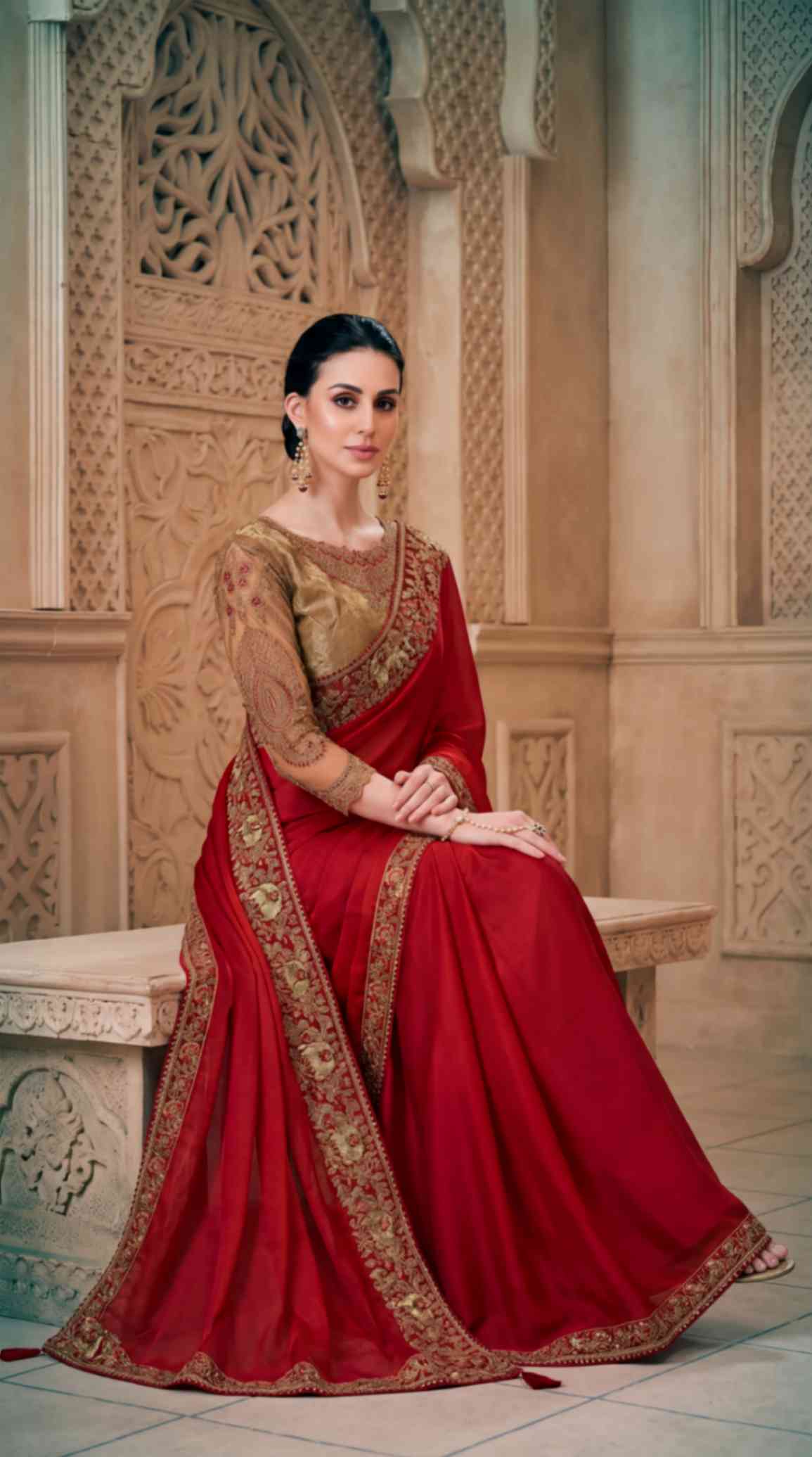 Ruby Red Satin Saree with Brocade Designer Blouse Piece [ Export Quality ]
