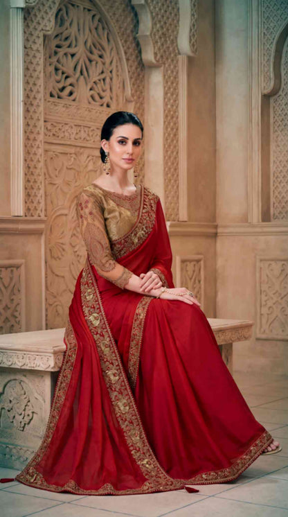 Ruby Red Satin Saree with Brocade Designer Blouse Piece [ Export Quality ]