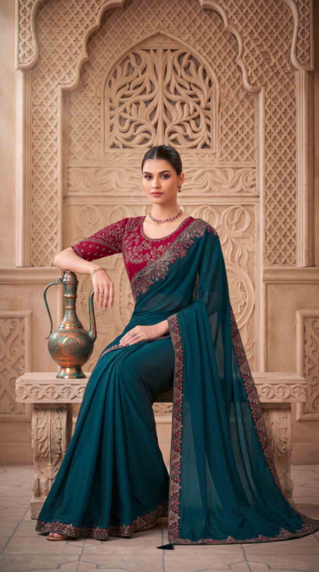 Emerald Teal Satin Georgette Saree with Embroidered Designer Blouse Piece [ Export Quality ]
