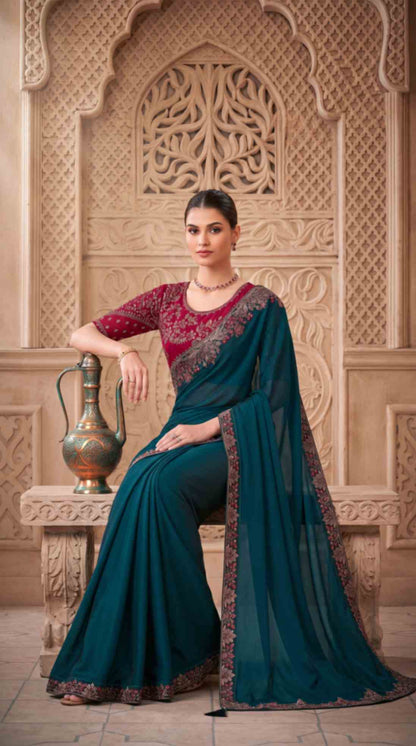 Emerald Teal Satin Georgette Saree with Embroidered Designer Blouse Piece [ Export Quality ]