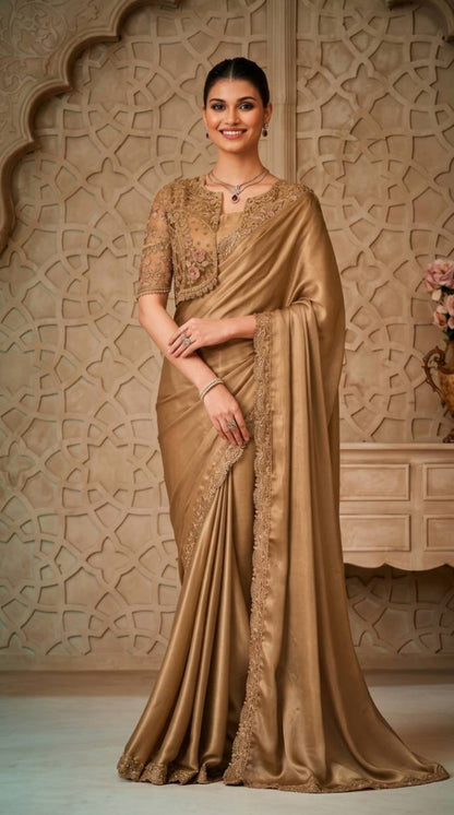 Golden Shimmer Satin Saree with Embroidered Designer Blouse Piece [ Export Quality ]