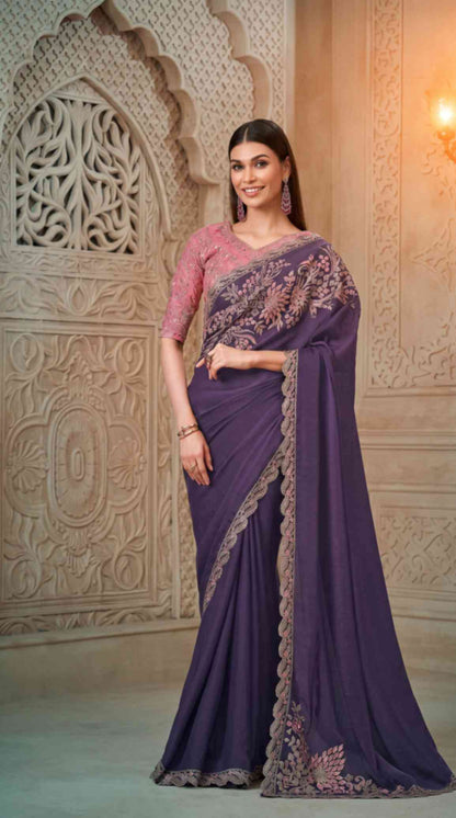 Royal Purple Soft Sparkle Georgette Saree with Embroidered Designer Blouse Piece [ Export Quality ]