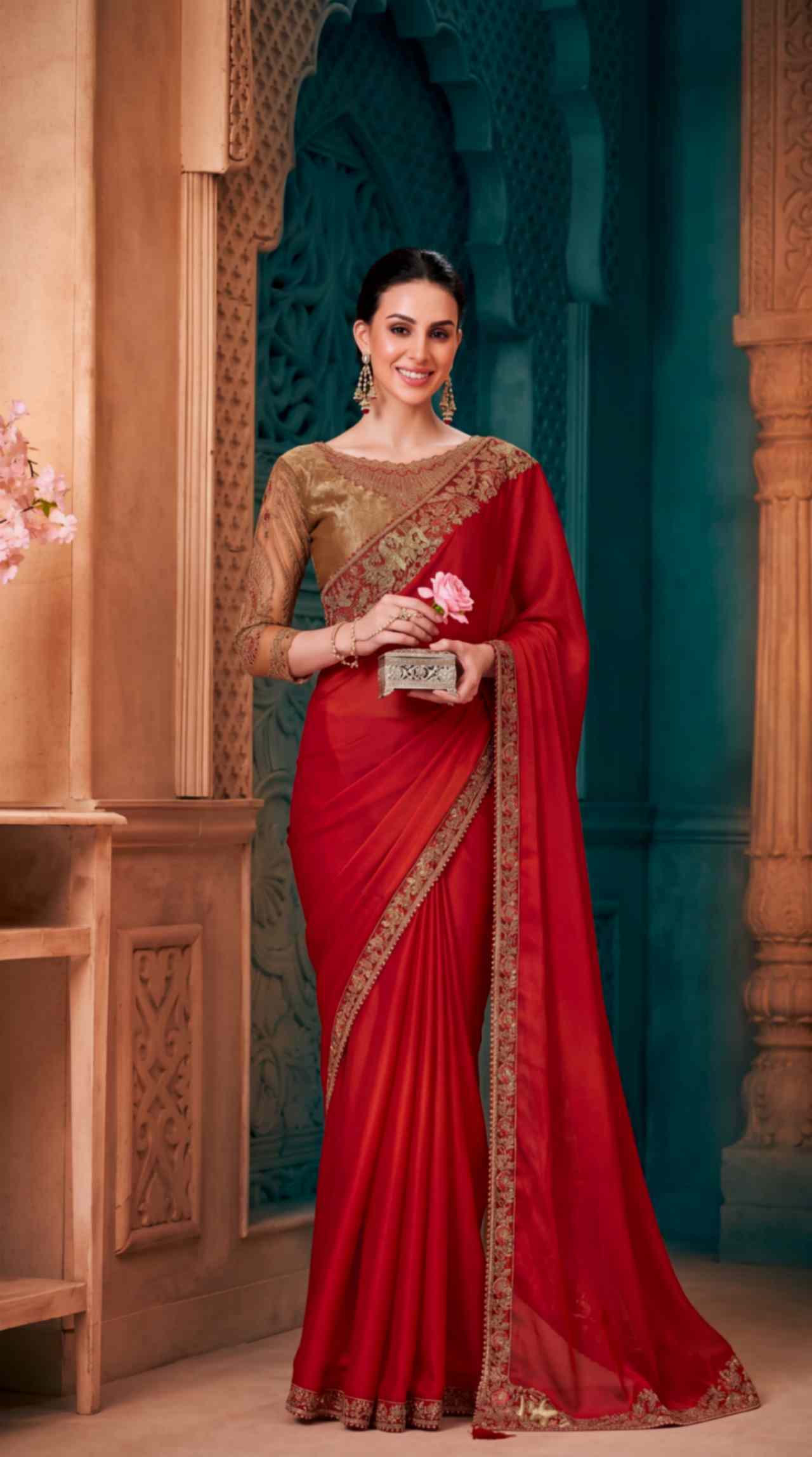 Ruby Red Satin Saree with Brocade Designer Blouse Piece [ Export Quality ]