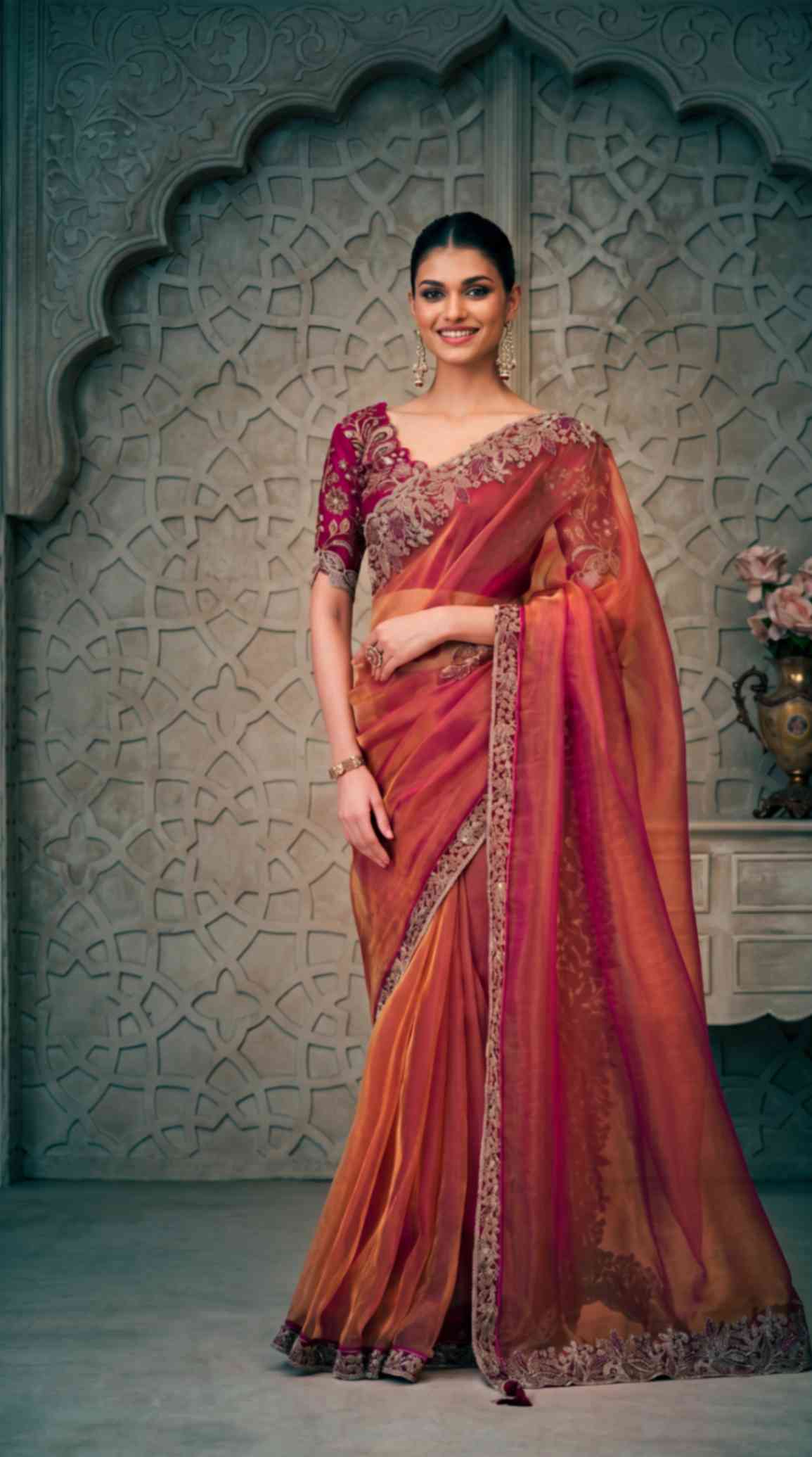 Rose Gold Shimmer Georgette Saree with Embroidered Designer Blouse Piece [ Export Quality ]