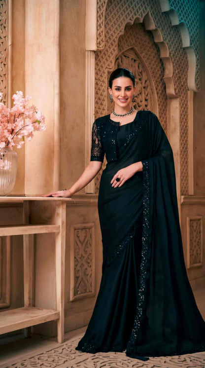 Black Satin Georgette Saree with Sequins Jacket Style Blouse Piece [ Export Quality ]