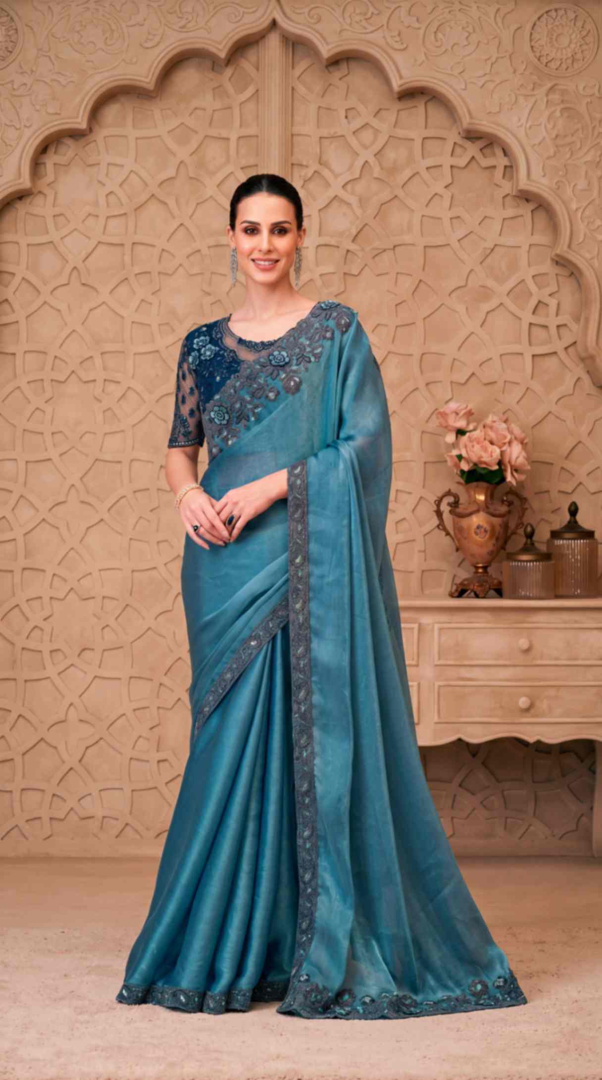 Dusty Blue Satin Crush Georgette Saree with Embroidered Designer Blouse Piece [ Export Quality ]