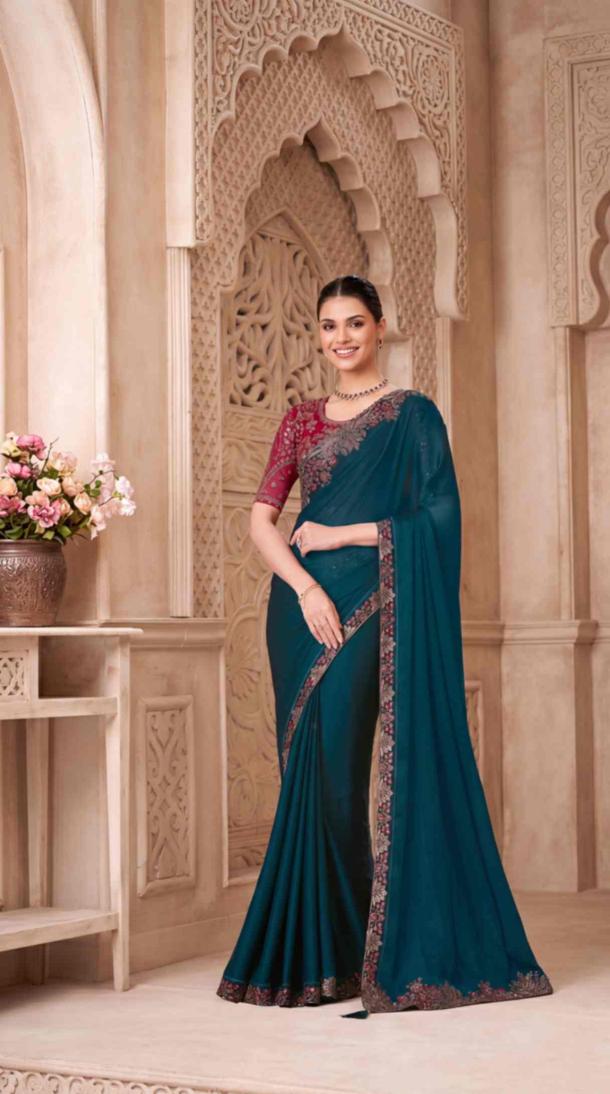 Emerald Teal Satin Georgette Saree with Embroidered Designer Blouse Piece [ Export Quality ]