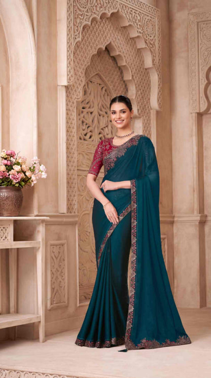 Emerald Teal Satin Georgette Saree with Embroidered Designer Blouse Piece [ Export Quality ]