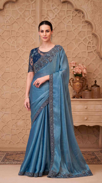 Dusty Blue Satin Crush Georgette Saree with Embroidered Designer Blouse Piece [ Export Quality ]