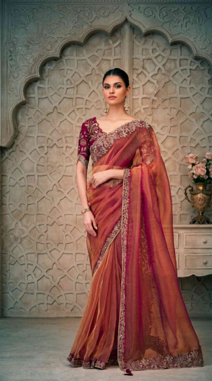 Rose Gold Shimmer Georgette Saree with Embroidered Designer Blouse Piece [ Export Quality ]