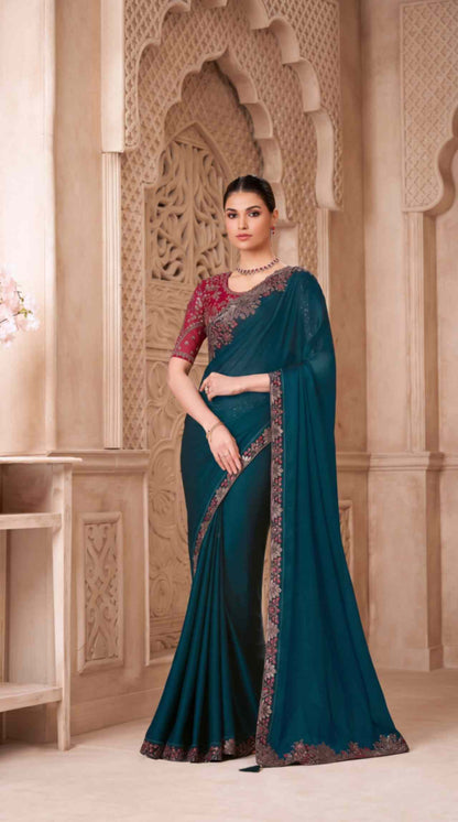 Emerald Teal Satin Georgette Saree with Embroidered Designer Blouse Piece [ Export Quality ]