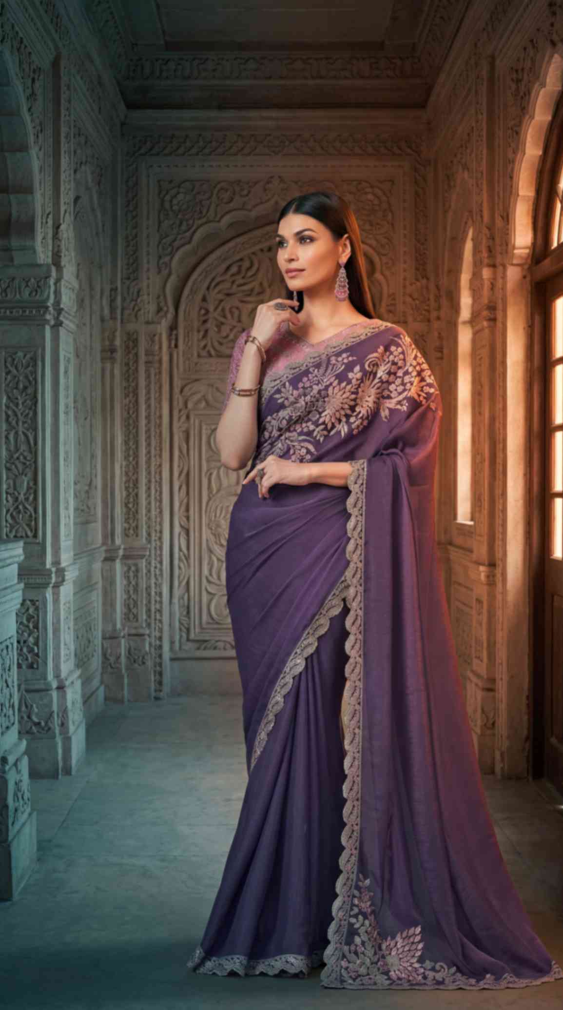 Royal Purple Soft Sparkle Georgette Saree with Embroidered Designer Blouse Piece [ Export Quality ]