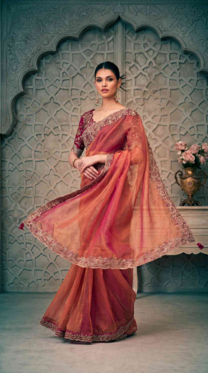 Rose Gold Shimmer Georgette Saree with Embroidered Designer Blouse Piece [ Export Quality ]