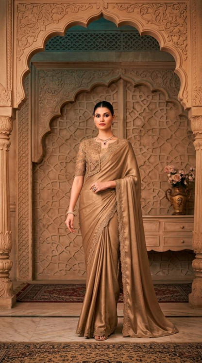 Golden Shimmer Satin Saree with Embroidered Designer Blouse Piece [ Export Quality ]