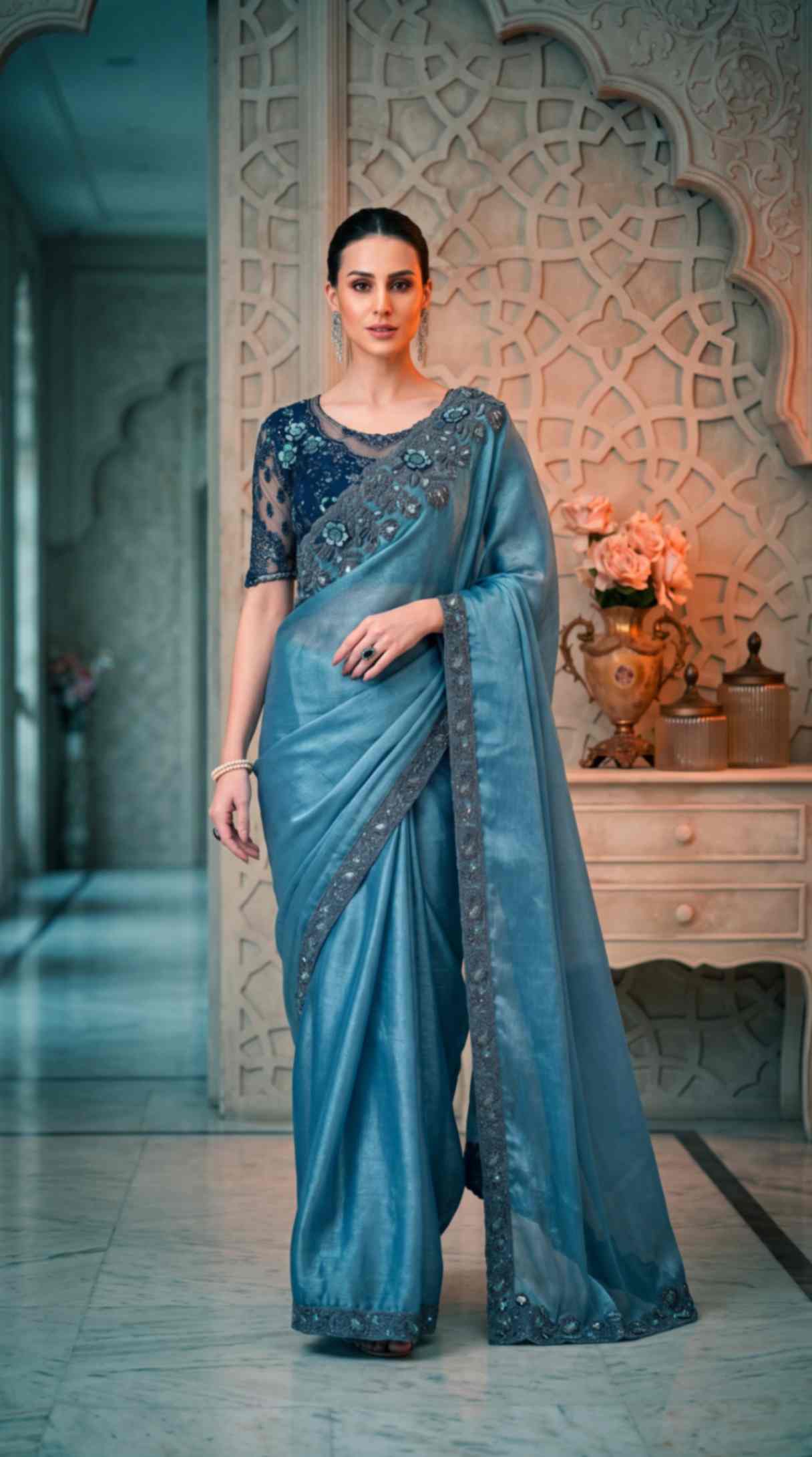 Dusty Blue Satin Crush Georgette Saree with Embroidered Designer Blouse Piece [ Export Quality ]