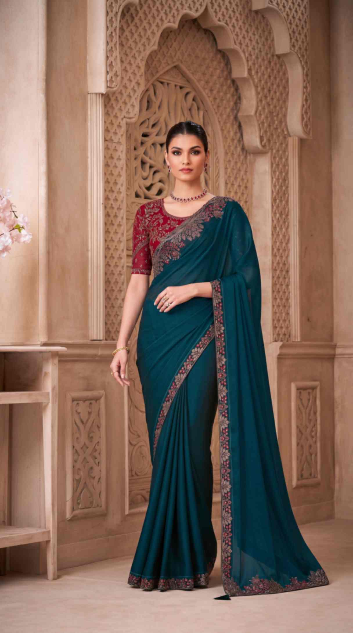 Emerald Teal Satin Georgette Saree with Embroidered Designer Blouse Piece [ Export Quality ]