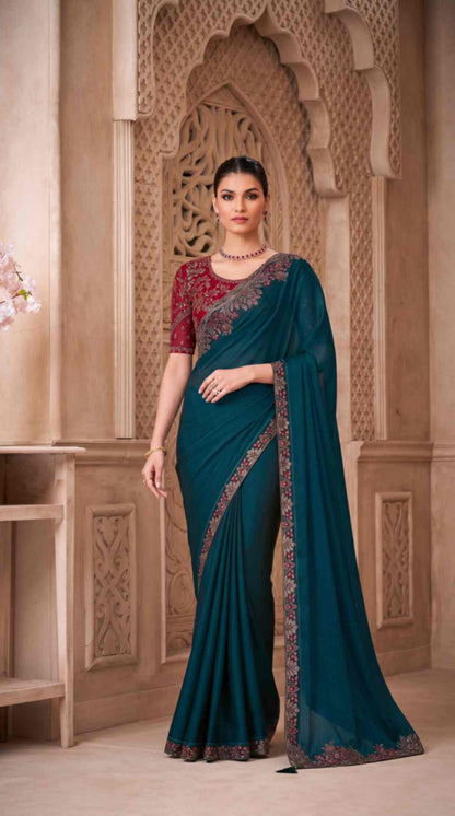 Emerald Teal Satin Georgette Saree with Embroidered Designer Blouse Piece [ Export Quality ]