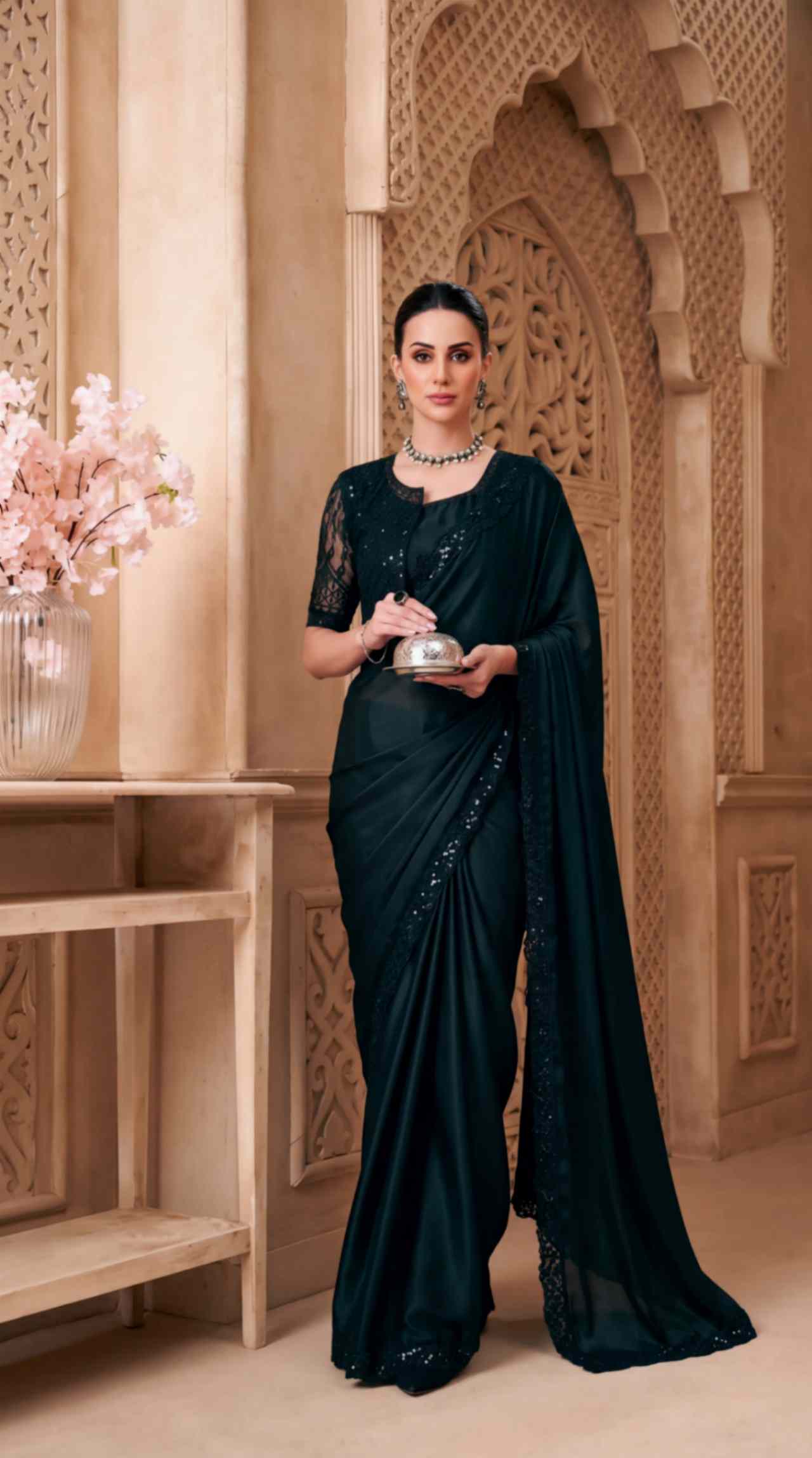 Black Satin Georgette Saree with Sequins Jacket Style Blouse Piece [ Export Quality ]