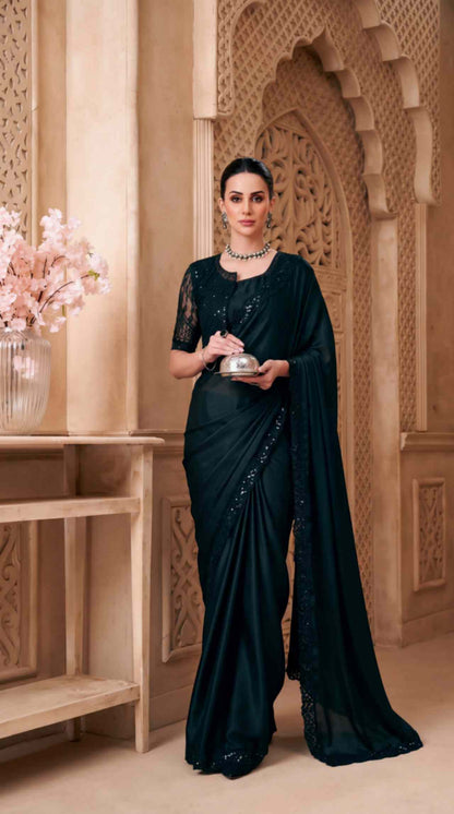 Black Satin Georgette Saree with Sequins Jacket Style Blouse Piece [ Export Quality ]