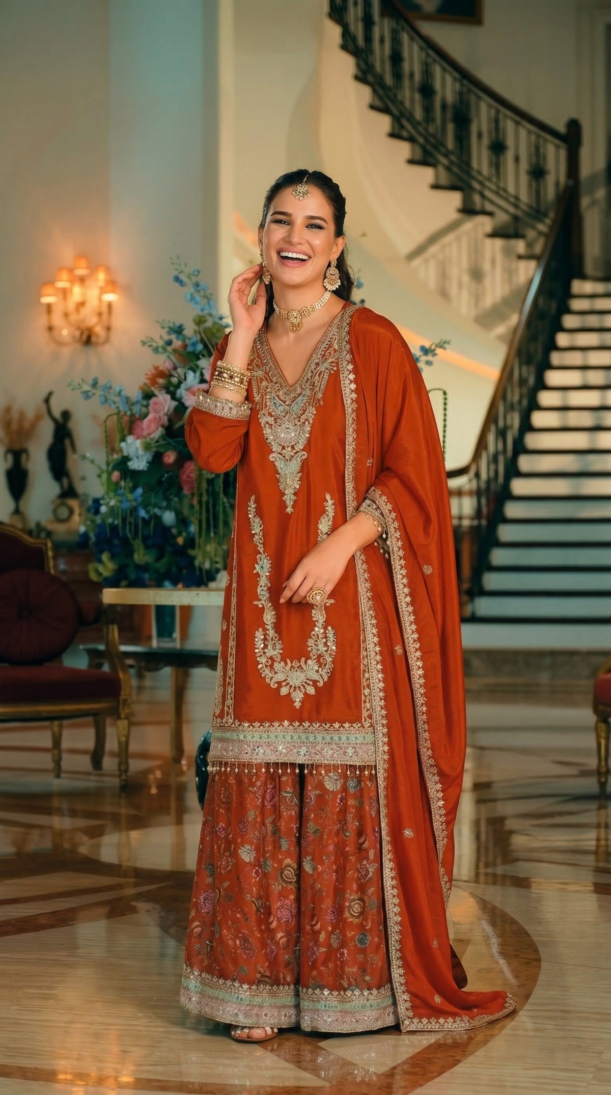 Luxury Chinon Silk Blend Kurta with Jacquard Sharara and Matching Dupatta – Designer Festive Ethnic Punjabi Suit  [ Export Quality ]