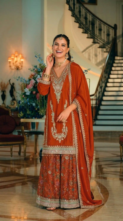Luxury Chinon Silk Blend Kurta with Jacquard Sharara and Matching Dupatta – Designer Festive Ethnic Punjabi Suit  [ Export Quality ]