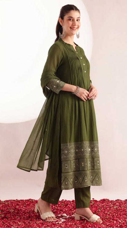 Olive Green Mul Chanderi Embroidered 3 Pcs Punjabi Suit with Linings