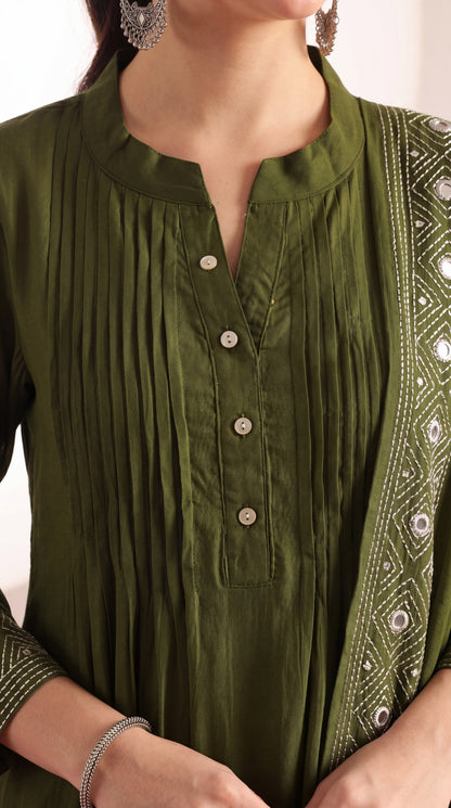 Olive Green Mul Chanderi Embroidered 3 Pcs Punjabi Suit with Linings