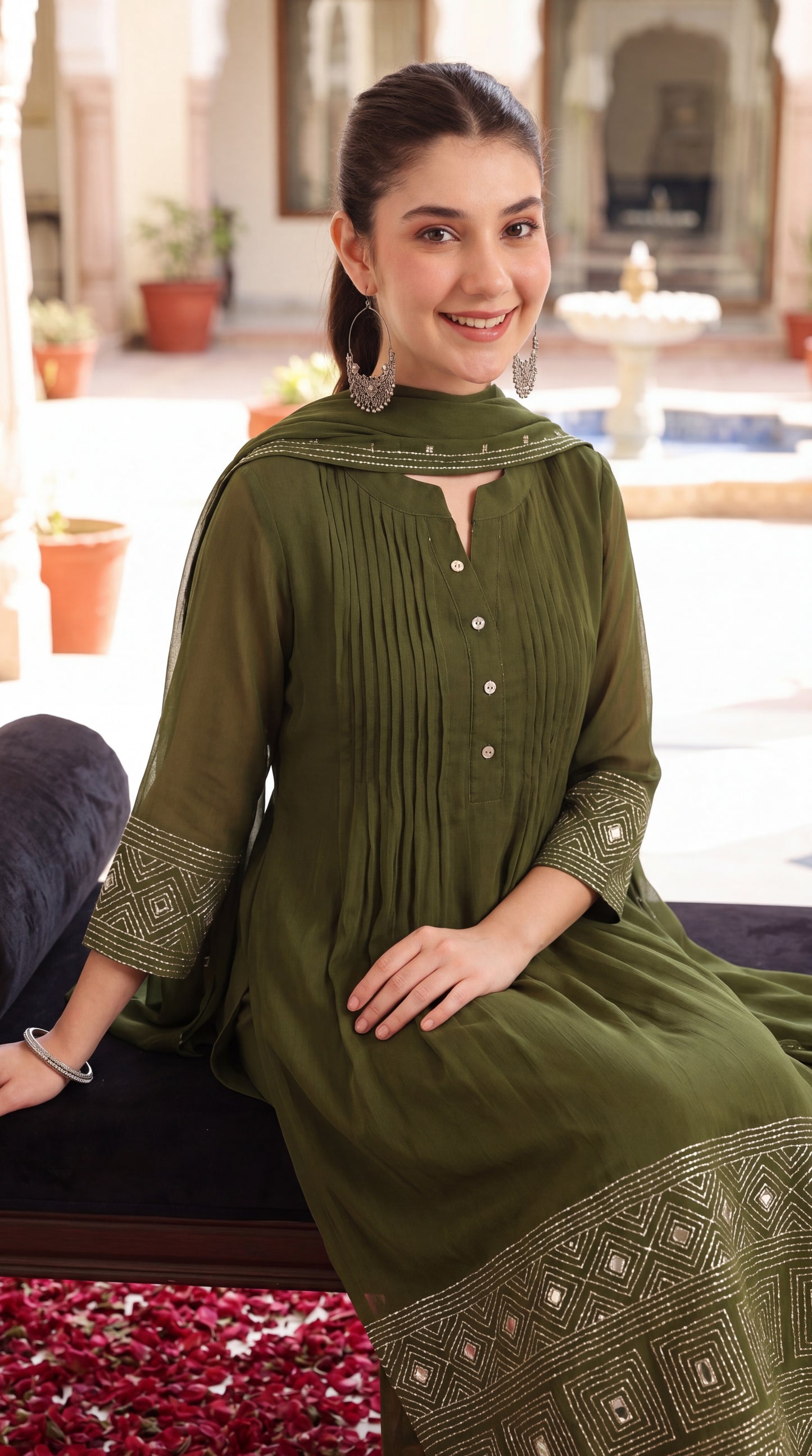 Olive Green Mul Chanderi Embroidered 3 Pcs Punjabi Suit with Linings