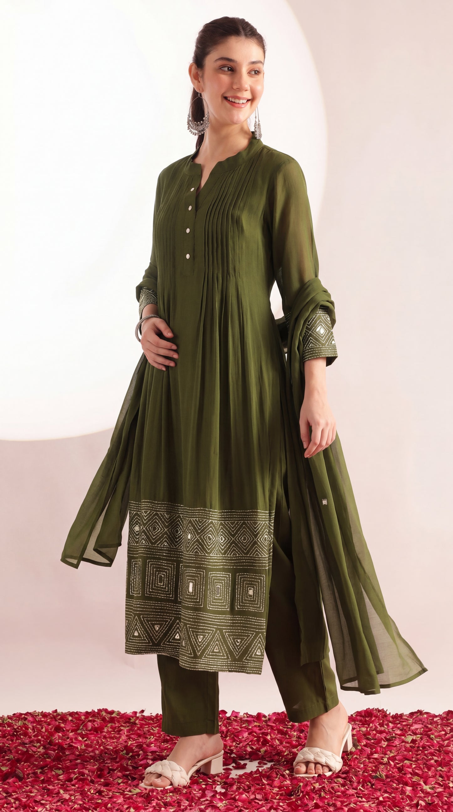 Olive Green Mul Chanderi Embroidered 3 Pcs Punjabi Suit with Linings
