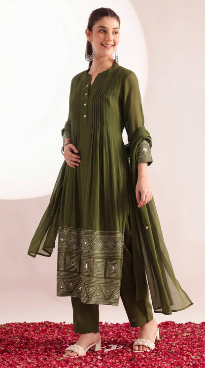 Olive Green Mul Chanderi Embroidered 3 Pcs Punjabi Suit with Linings