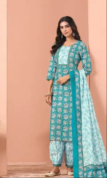 Elegant & Comfortable Cotton 3 Pcs Punjabi Suit with Dupatta & Pathani Salwar [ Export Quality]